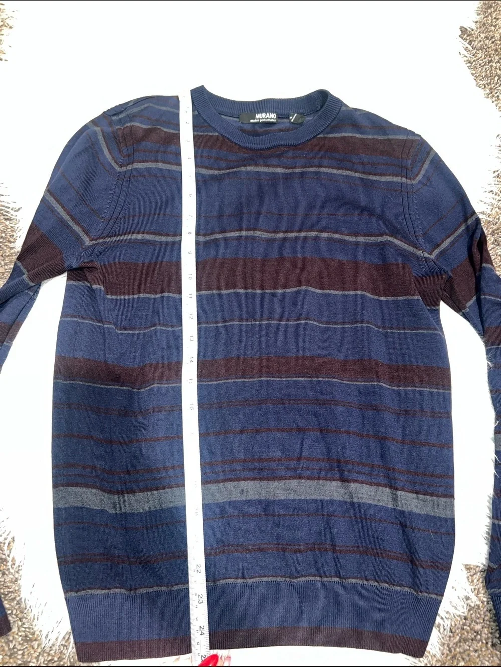 Murano Men's Navy and Burgundy Striped Crewneck Sweater
